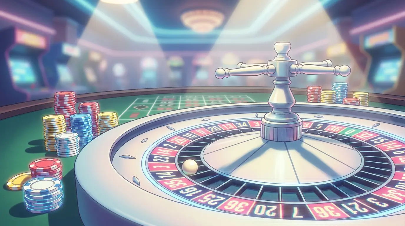 Roulette-Rad mit Ball und Jetons auf grünem Spieltisch