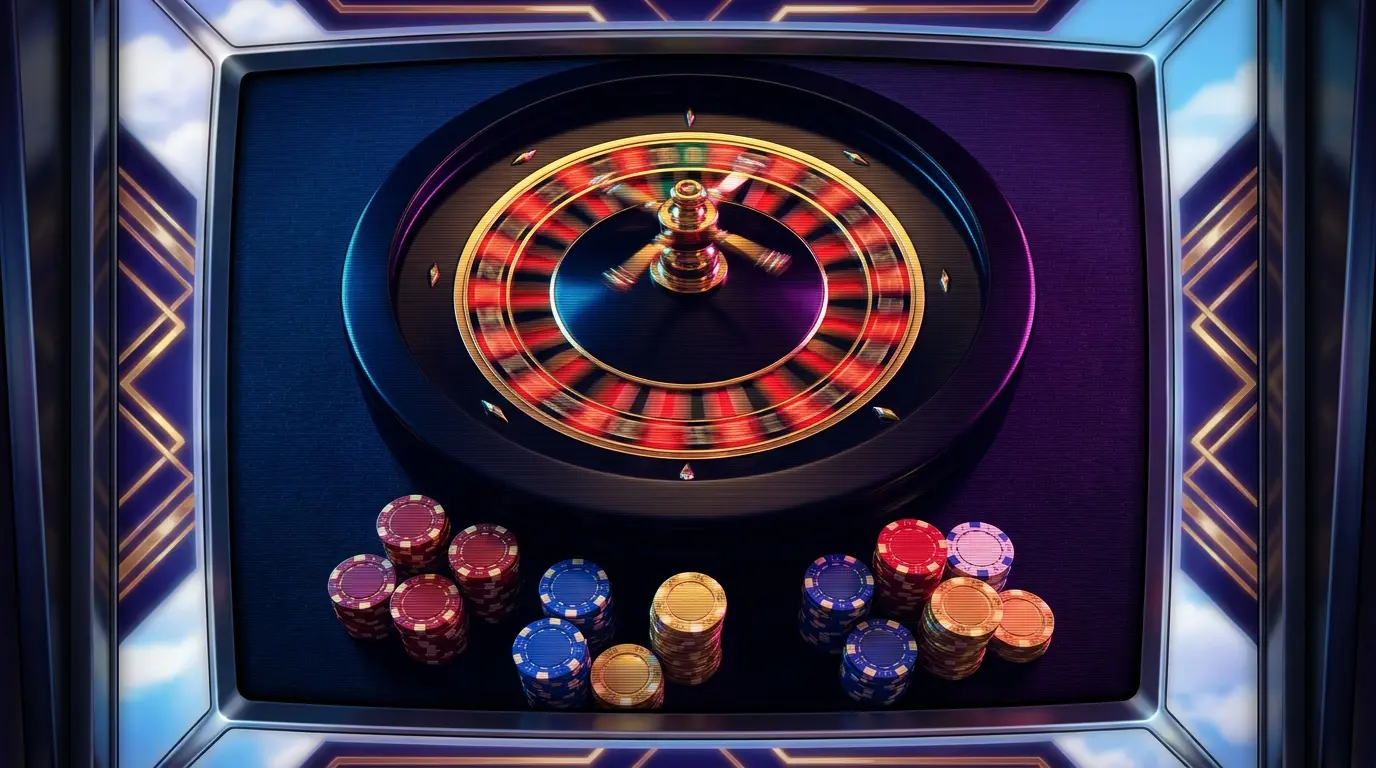 Sich drehendes Roulette-Rad mit Casino-Chips in stimmungsvoller Beleuchtung