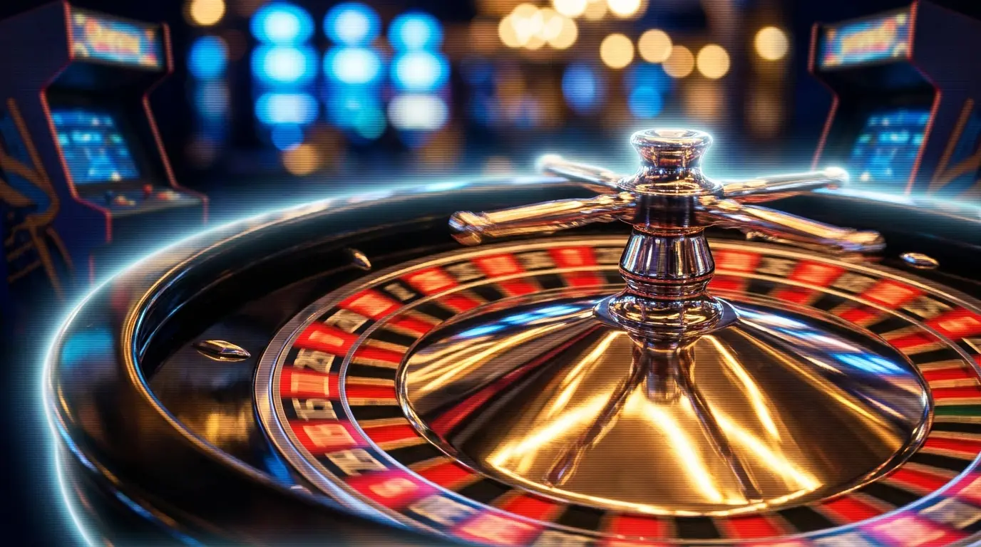 Drehendes Roulette-Rad in schwarz-rot-goldener Casino-Atmosphäre