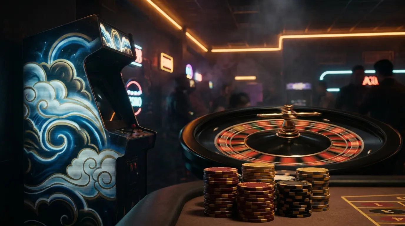 Rotierendes Roulette-Rad mit Poker-Chips im Casino