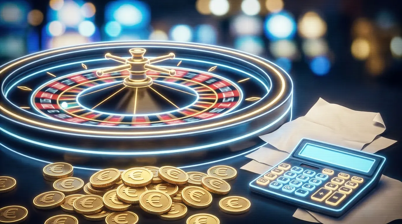 Roulette-Rad mit Euro-Münzen und Taschenrechner