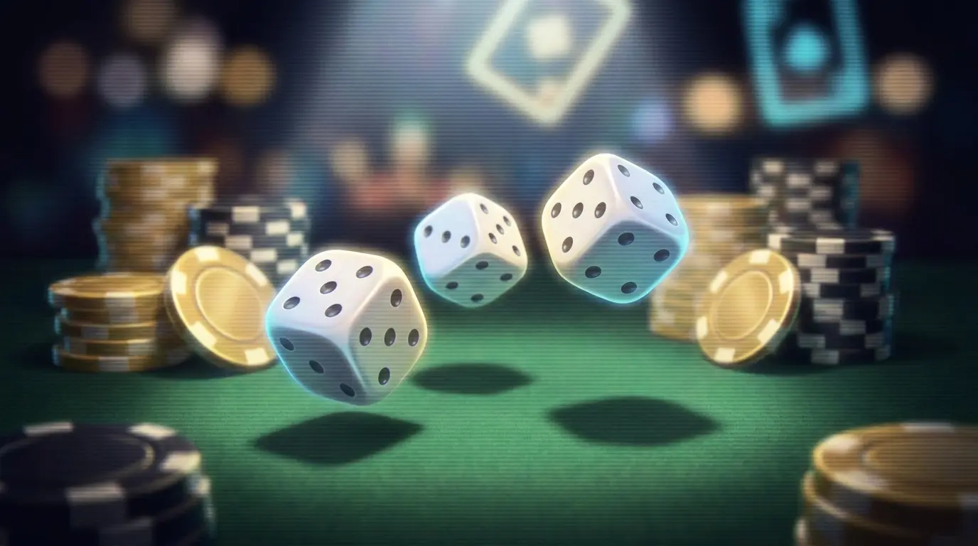 Sic Bo Würfel auf grünem Casino-Tisch mit Spielchips