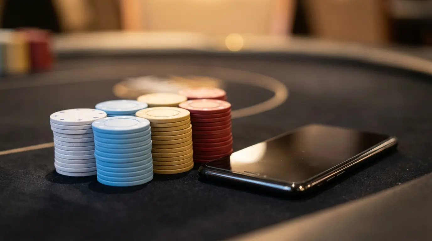 Poker-Chips und Smartphone auf Casino-Tisch in deutschen Farben