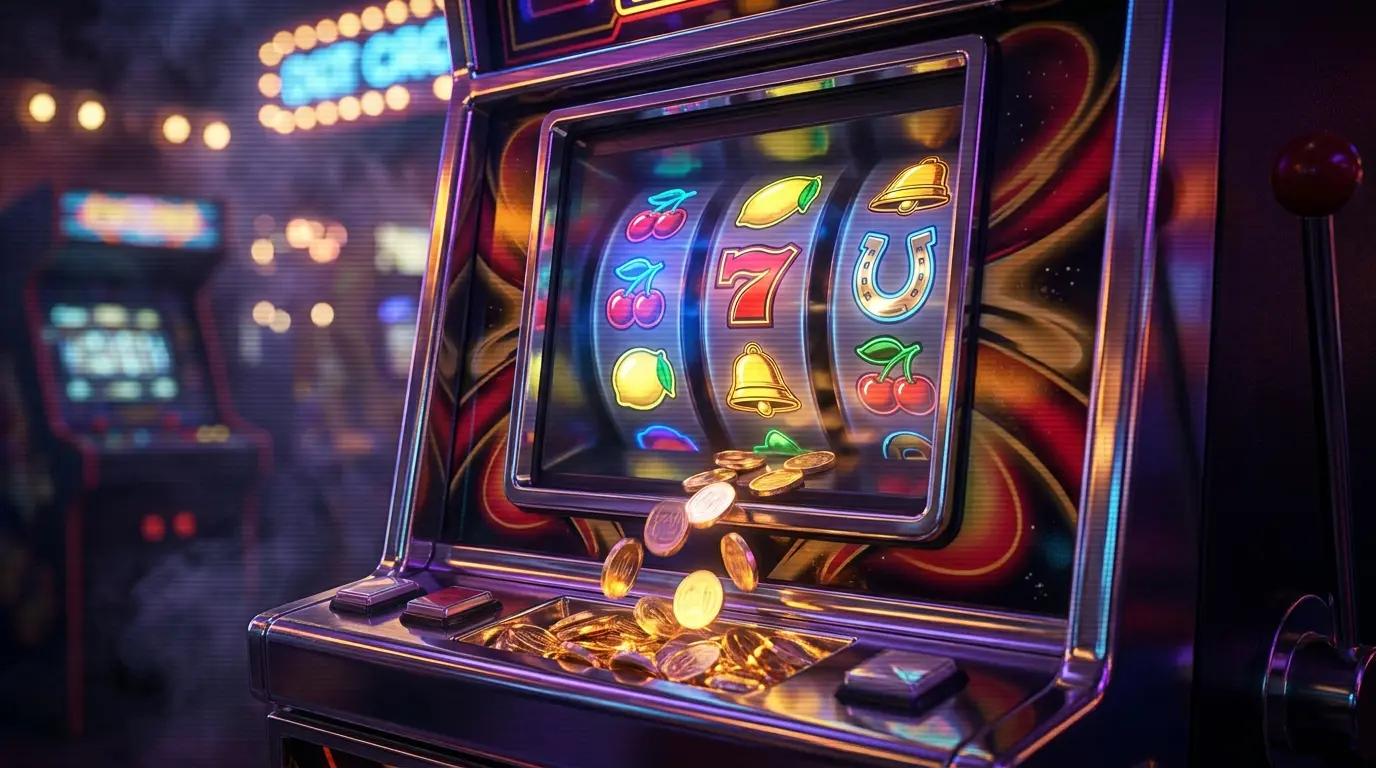 Leuchtende Spielautomaten mit fallenden Münzen in Casino-Atmosphäre