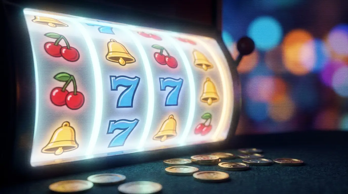 Spielautomaten-Walzen mit leuchtenden Gewinnlinien und Münzen