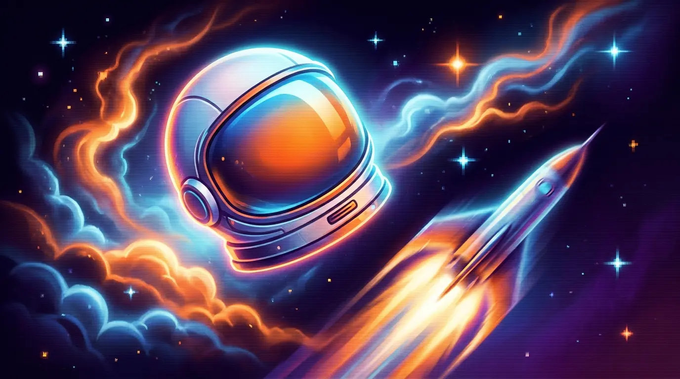 Astronautenhelm im Weltraum mit startender Rakete