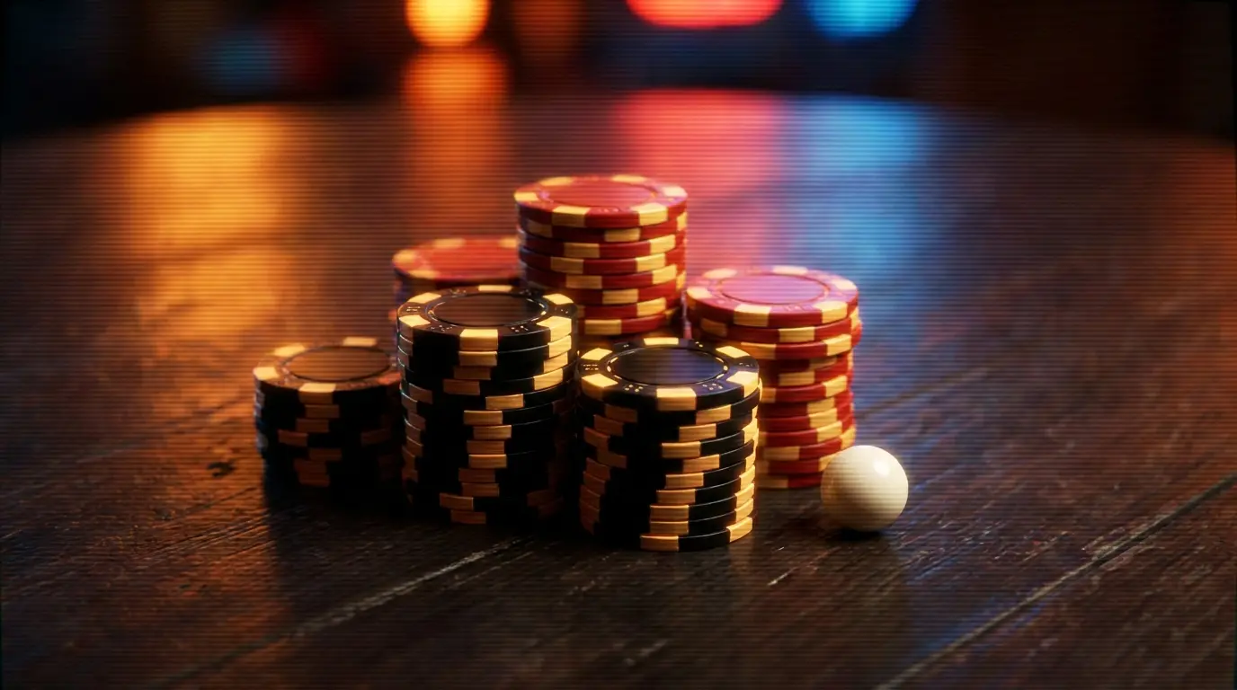 Gestapelte Casino-Chips in schwarz-rot-gold mit Roulette-Kugel