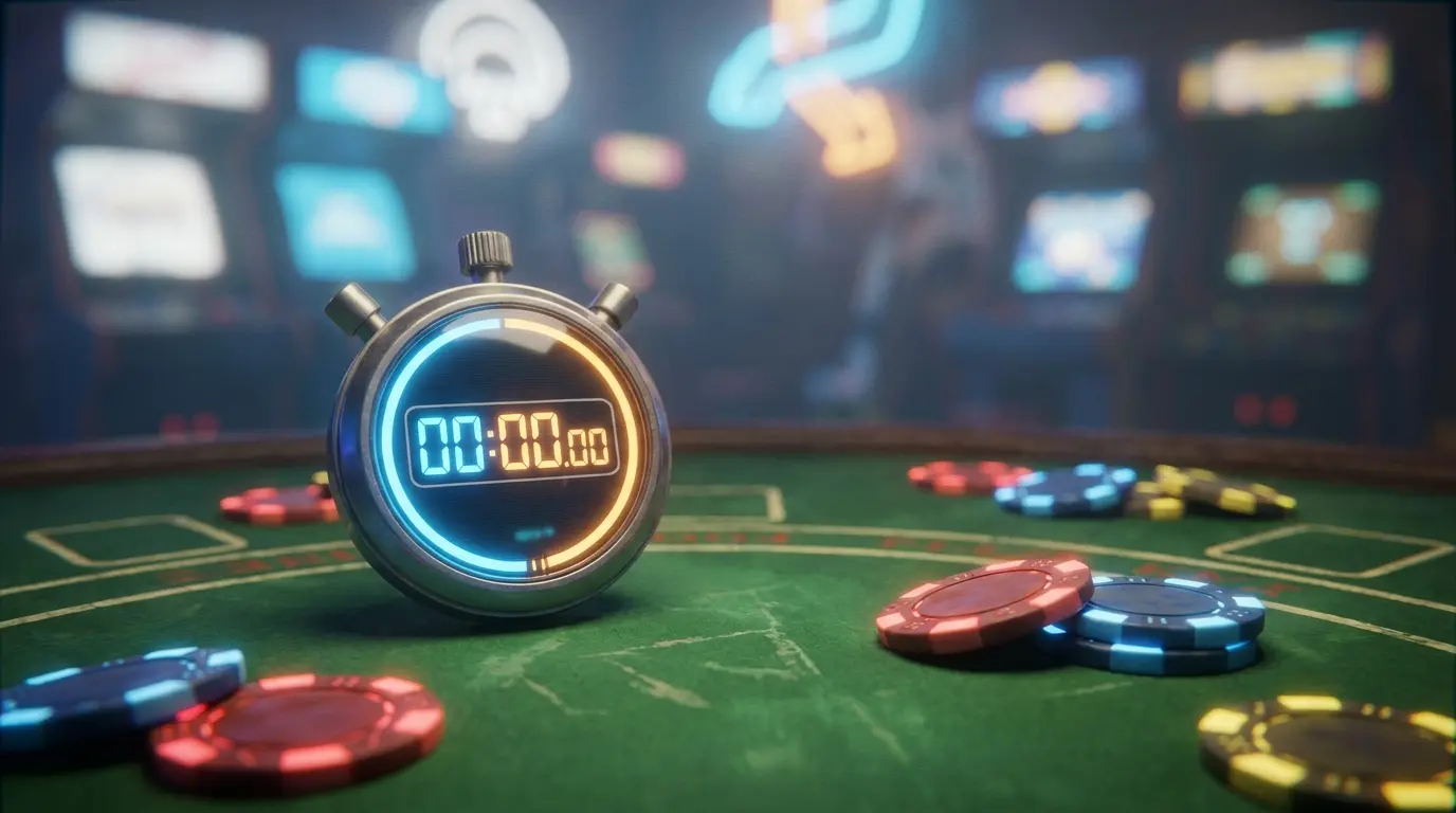 Stoppuhr neben Poker-Chips symbolisiert die 5-Sekunden-Regel