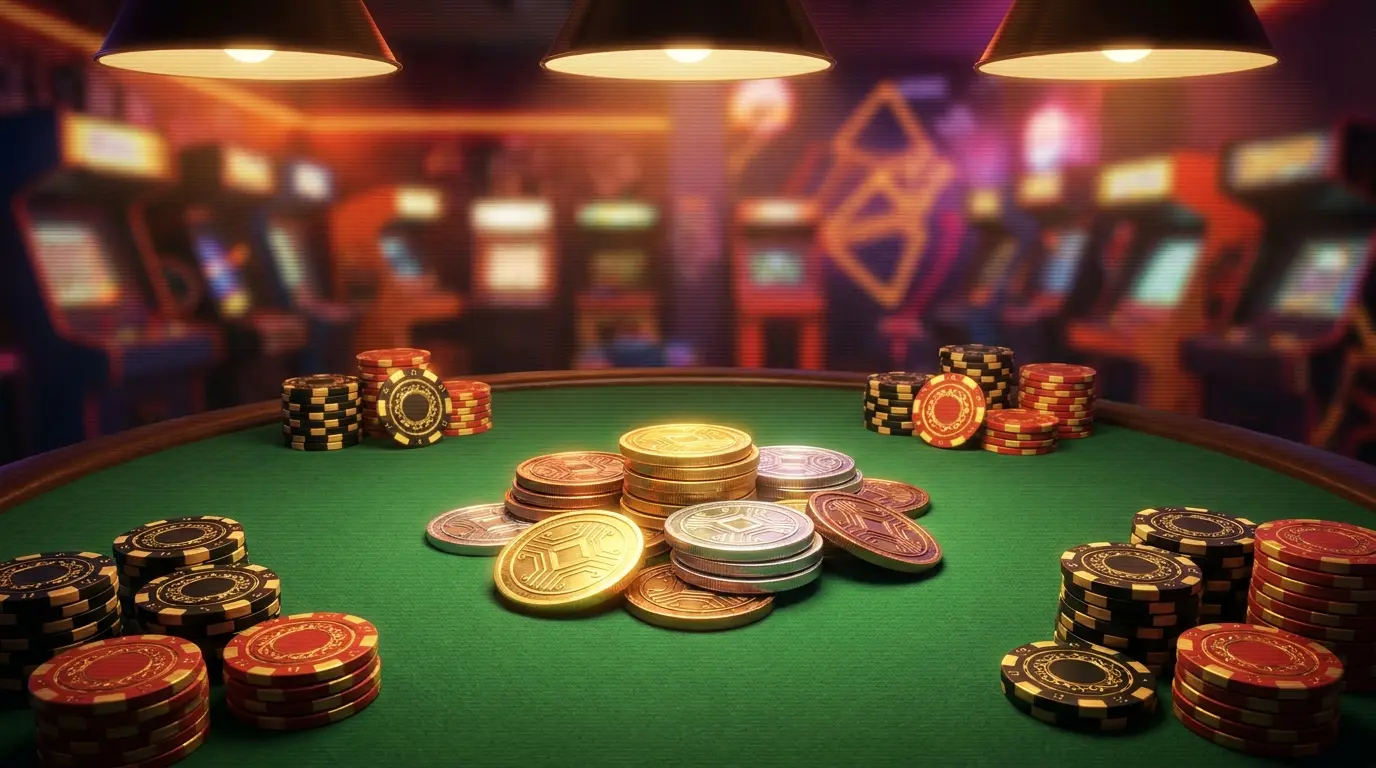 Kryptowährungs-Münzen und Poker-Chips auf grünem Casino-Tisch