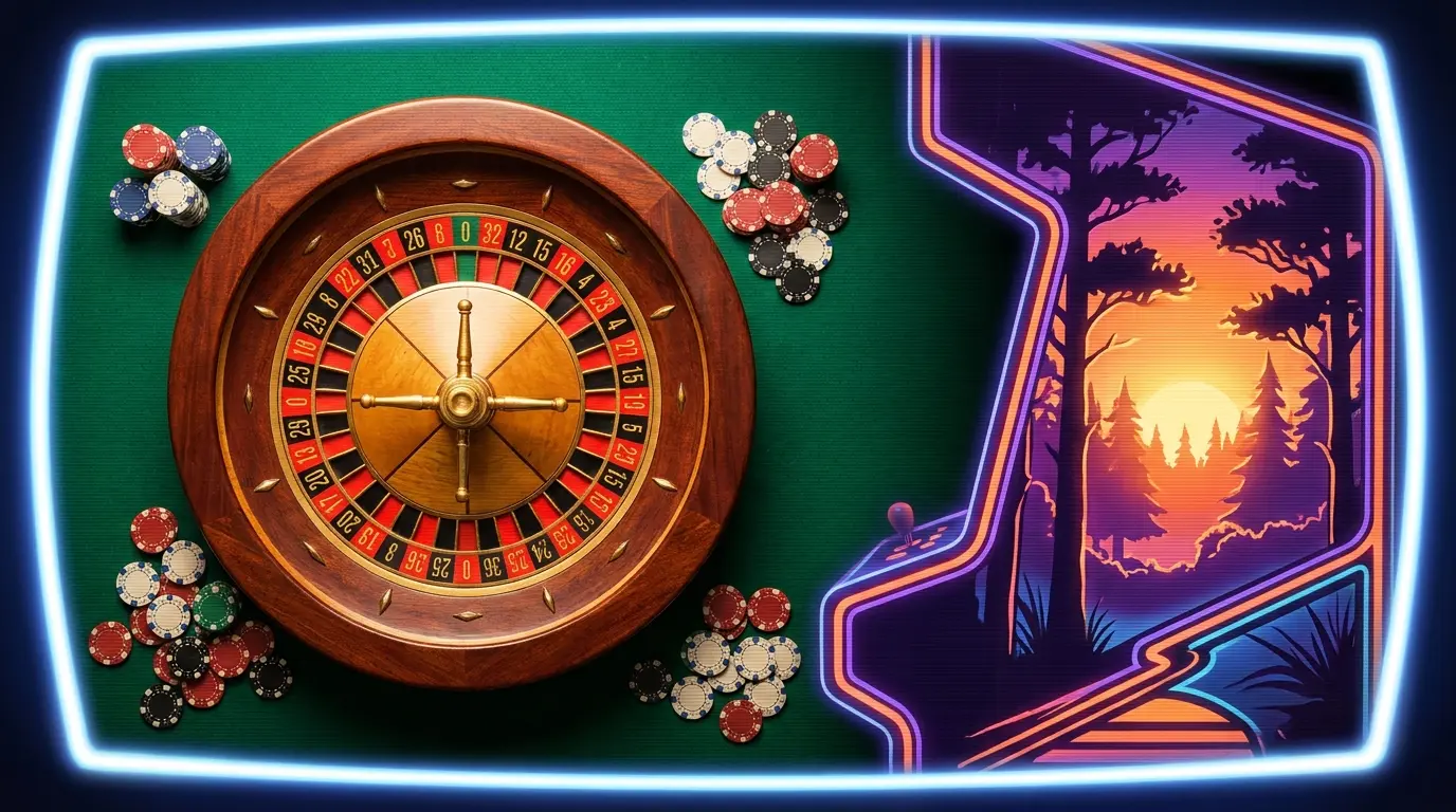 Roulette-Rad mit schwarz-rot-goldenen Akzenten und ThĂĽringer Wald